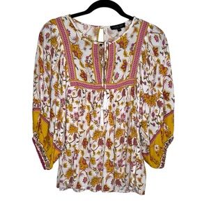 Rachel Zoe womens S floral peasant key hole bell sleeves top boho hippie forest